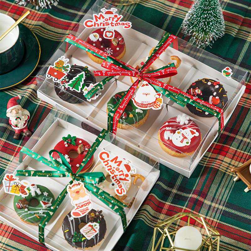 圣诞甜甜圈甜品盒慕斯打包盒四六格小蛋糕包装盒4/6宫格透明礼盒