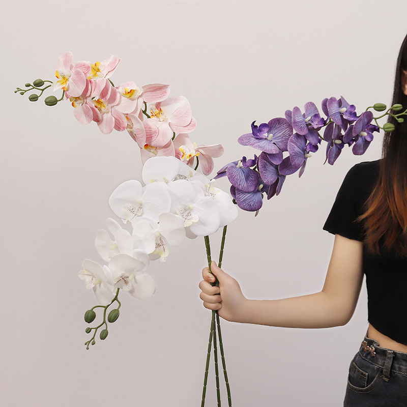 Simulación de flores 9 cabezas 3D impresión orquídea de mariposa sensación de goma suave flores falsas de boda en el hogar flores decorativas de boda flores