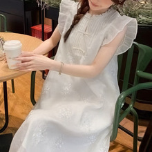 法式新中式白色连衣裙子女夏季2024年新款温柔风复古气质收腰长裙
