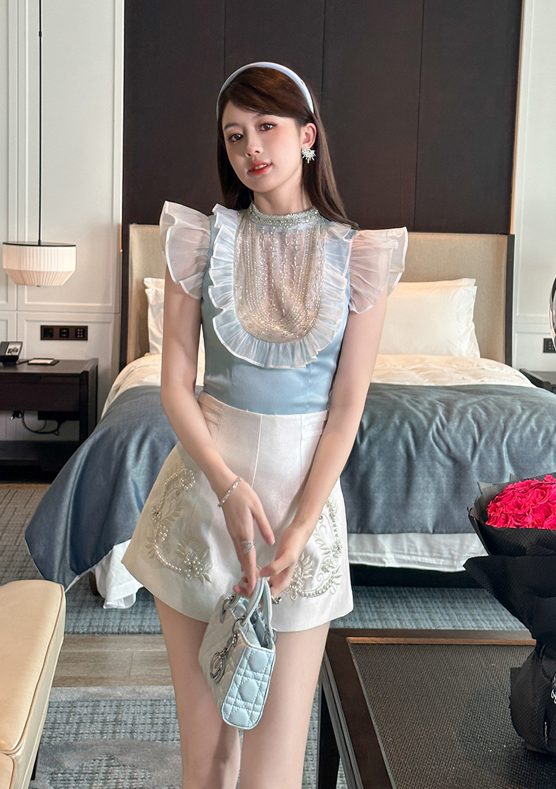 Áo sơ mi nữ bèo nhún đính hạt ôm sát sang trọng — Xanh lông công chi tiết 7