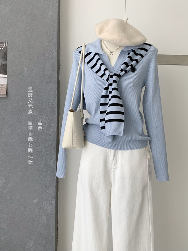 日韩系polo翻领小马刺绣针织衫女秋百搭配条纹披肩叠穿两件套上衣|undefined