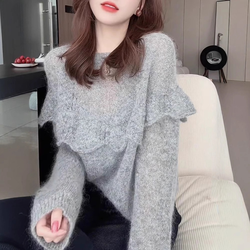 Spring Wear Crochet Hollow Sweater Women's Ruffled Grey Comfortable Soft Waxy Loose All-match Round Neck Knitted Top Spring Wear Crochet Hollow Sweater Women's Ruffled Grey Comfortable Soft Waxy Loose All-match Round Neck Knitted Top