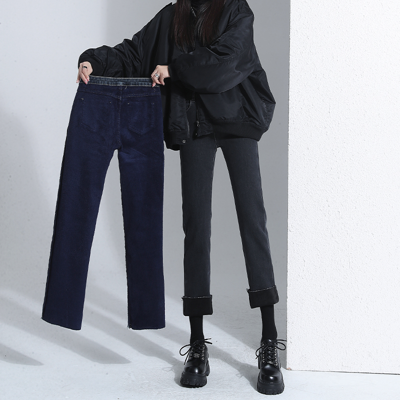 검은 회색 기모 두꺼운 스트레이트 청바지 여성의 가을 및 겨울 높은 허리 슬리밍 스트레치 자른 연기 튜브 바지