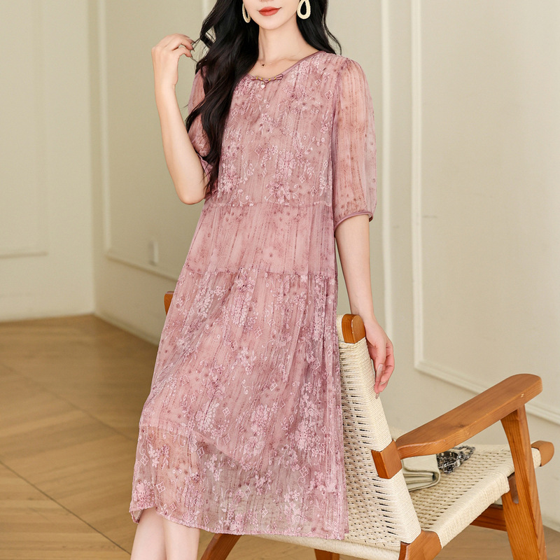 Hangzhou Silk New Style Dress for Women, Exquisite Embroidery, Sweet Mulberry Silk, Waist-Cinching, Slimming, Elegant Summer Dress