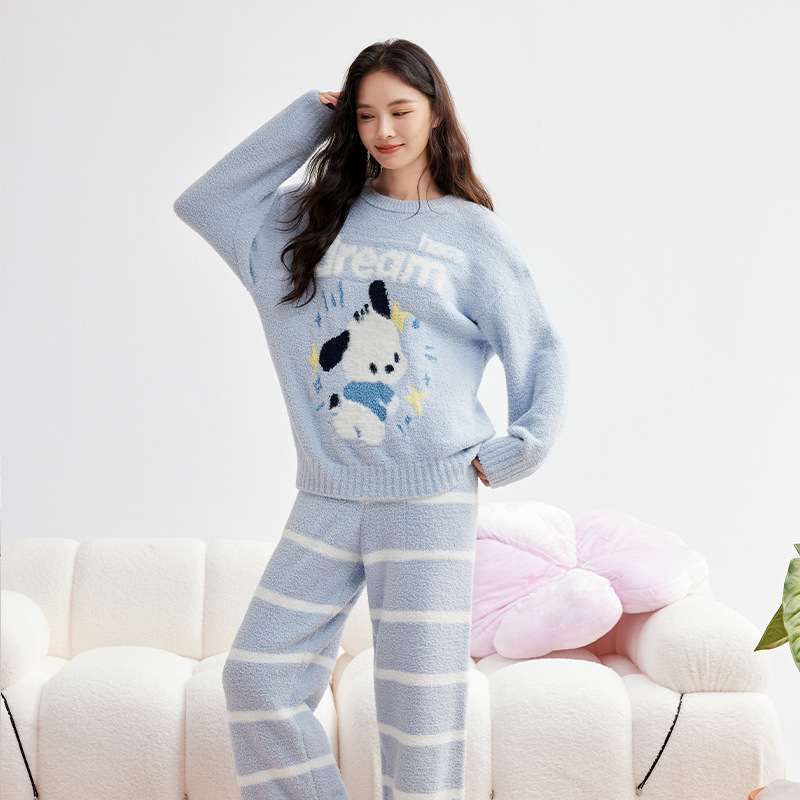 秋冬季套头半边绒印花小熊睡衣女加厚冬季半边绒情侣家居服套装|undefined