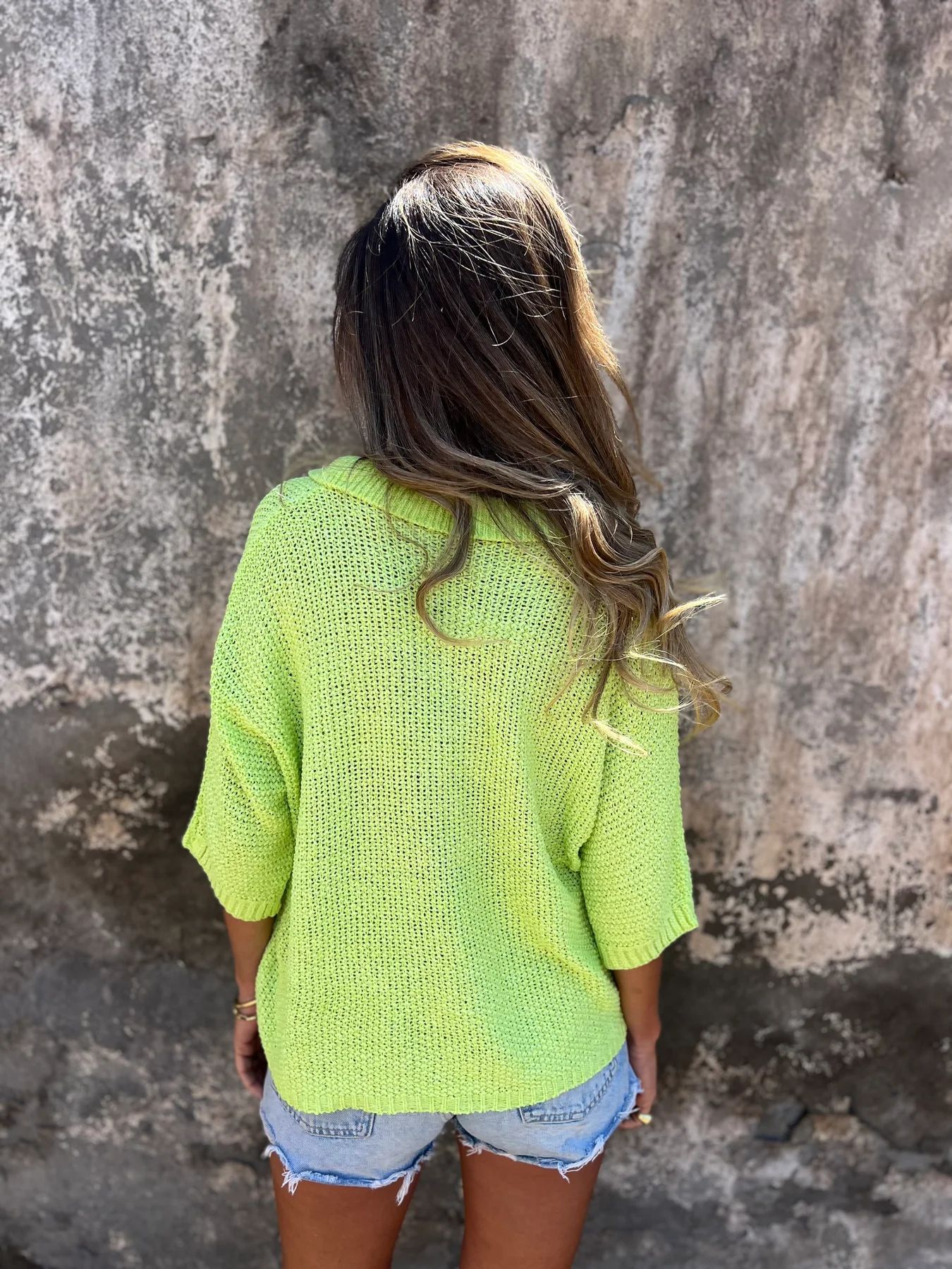 Damen-Sommer-Strickpullover mit Kragen, Dreiviertelärmeln, einfarbig_voghion.com