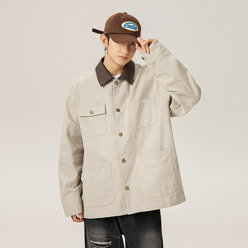 Japanese multi-pocket contrasting color collar work bottom Detroit jacket spring retro loose American casual outerwear q