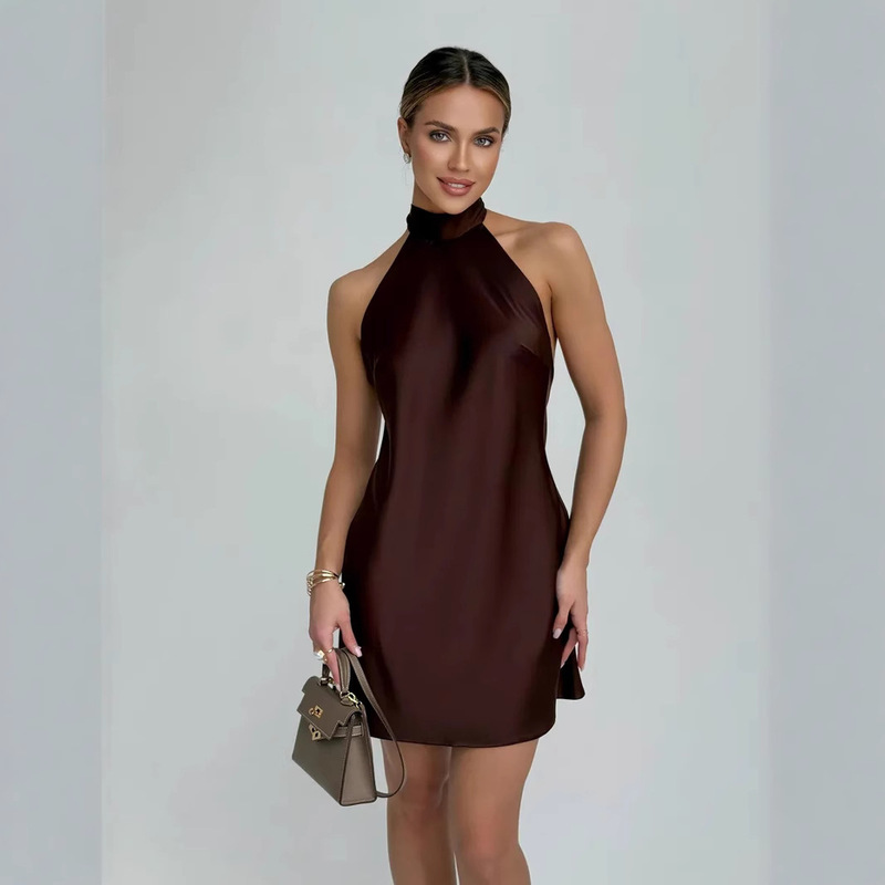 AliExpress wholesale spring new women's solid color pullover hanging neck collar sleeveless balloon version short dress