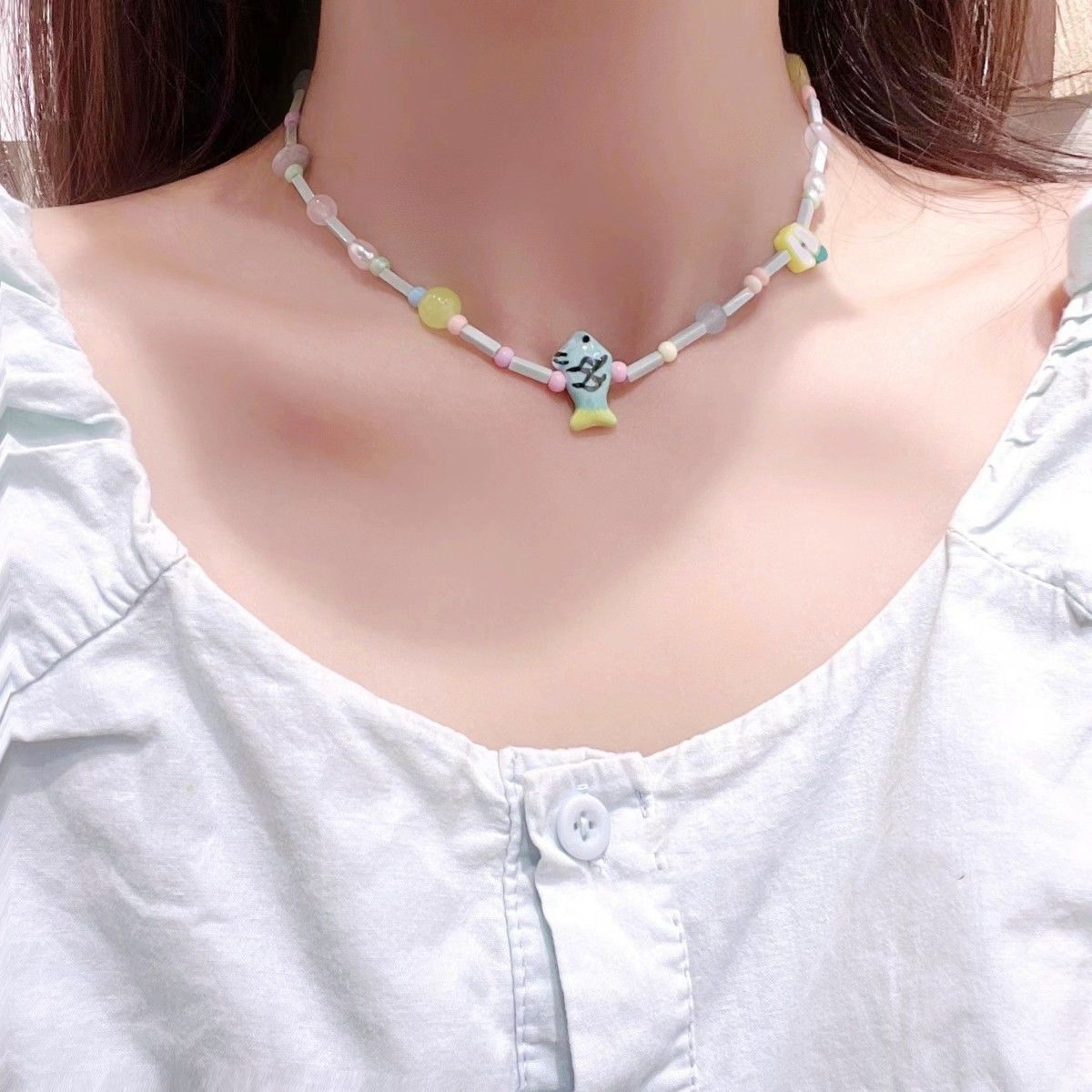 Cuentas de arroz de dopamina perla collar de cuentas cilíndricas temperamento de moda nicho Cadena de clavícula personalidad collar de todo fósforo para las mujeres