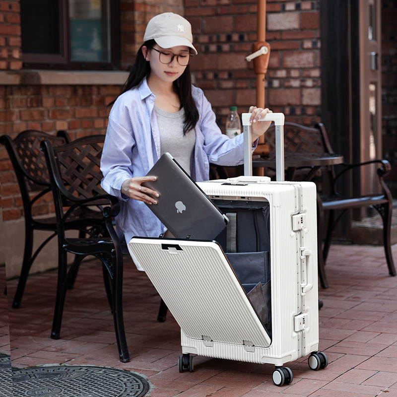 Front Opening Luggage for Women 20inch Boarding Case USB Computer Cup Holder Multi-Functional Aluminum Frame Trolley for Men 24inch Password Box