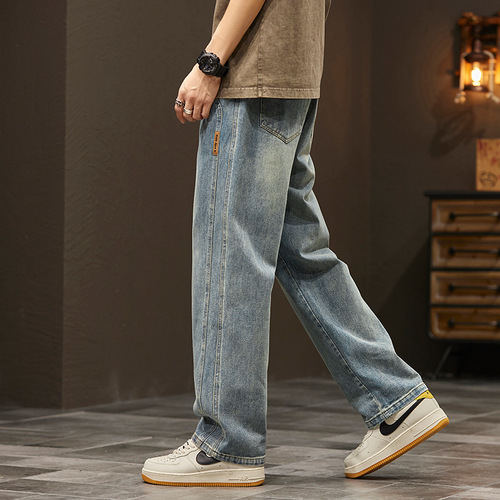 American-style creative spring high-end street slim-fit jeans for men, straight-leg vibe design wide-leg denim
