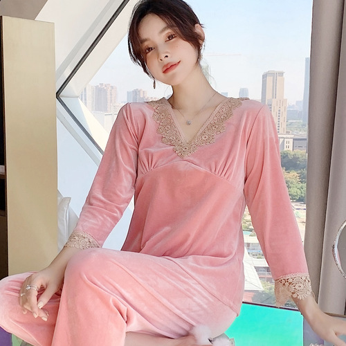 White pajamas for women in autumn and winter Korean style gold velvet sweet large size V-neck thick coral velvet spring and autumn home wear