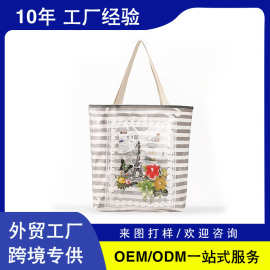 日韩东南亚亚马逊跨境布艺印花条纹帆布单肩休闲通勤托特包包包女