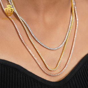 INS Hot Selling 2mm Mosan D Color 925 Silver Hip Hop Single Row Tennis Chain Necklace tennis chain Europe and America