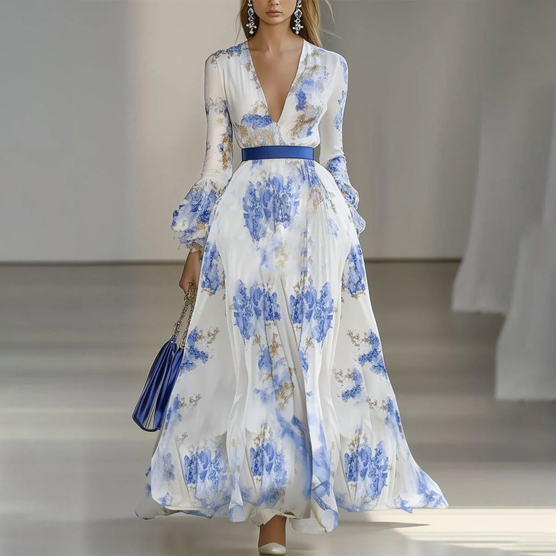 2025 European and American Cross-Border Amazon Independent Station Shein Printed Elegant Catwalk Party Vacation Long Dress