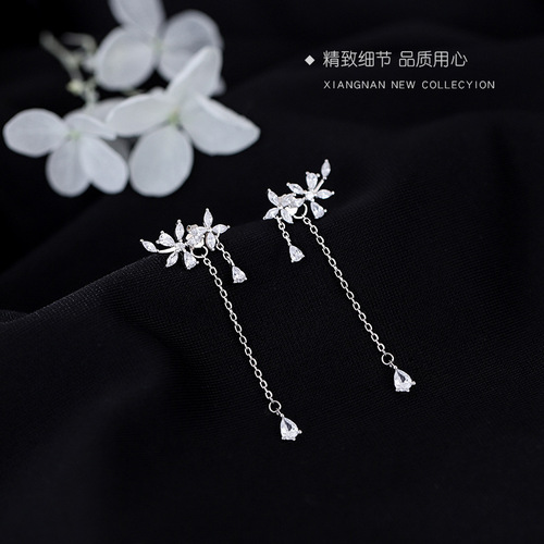 925 sterling silver diamond flower earrings sweet tassel earrings fresh long back hanging earrings