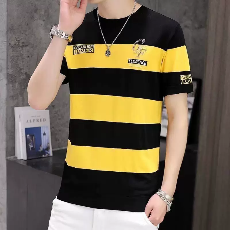 冰凉透气短袖T恤夏季男士中青年条纹半袖体恤男装圆领休闲汗衫男