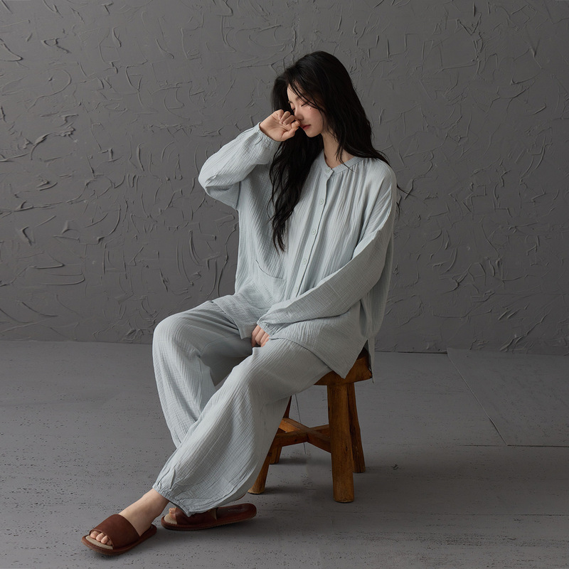 Women's long-sleeved pajama set, pure cotton, spring/autumn style, open-front design, loose fit, plus size, comfortable cotton gauze loungewear for autumn