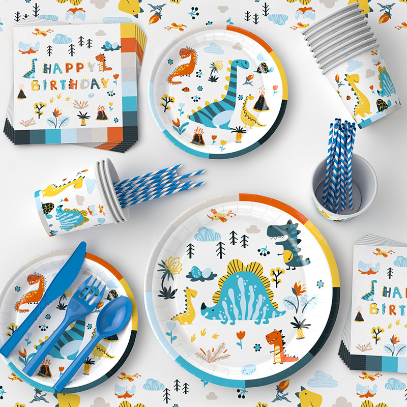 Amazon dinosaurio niños de cumpleaños tema de la decoración Placa de papel desechable taza pañuelos de papel de suministros de fiesta traje