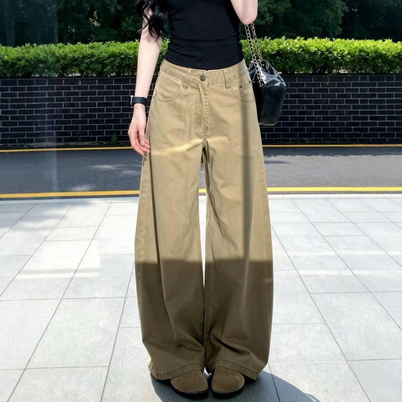Petite Khaki Pants American-Style Loose Wide-Leg Jeans for Women, Summer High-Waisted Casual Slimming Straight-Leg Pants