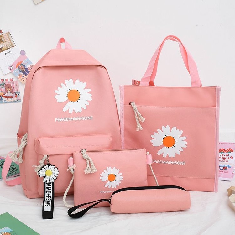 Trendy Daisy Backpack for Female Students, Korean Style Campus Backpack for Middle and Elementary School Students, Forest Style Four-Piece Set, Wholesale