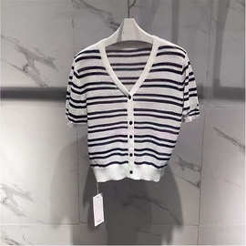 2025夏季新款女装V领条纹修身短袖针织开衫女上衣外套 1G6132511