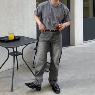 独立站2026夏季男装复古美式时尚长裤百搭撞色灰色牛仔裤现货潮流