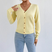 跨境V领单排扣针织开衫女装纯色毛衣外套秋冬新款慵懒风宽松上衣