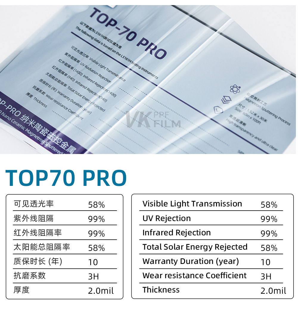 VK in-stock direct delivery TOP‑PRO magnetron sputtering metal car film with nano-ceramic technology, scratch-resistant solar film