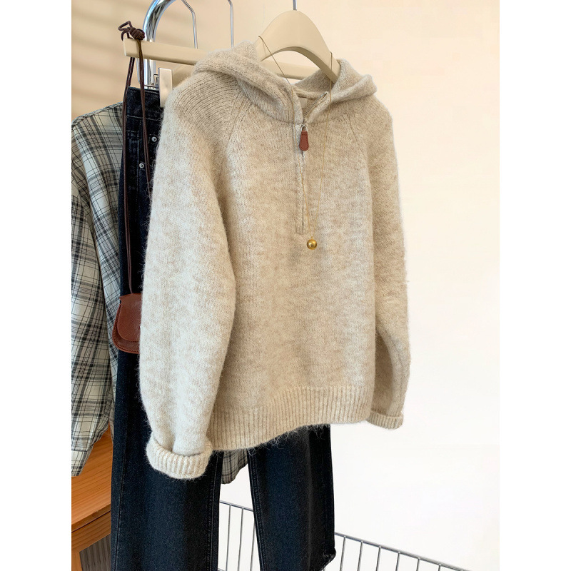 Kaning Half-Zip Pullover Hooded Knitwear Women's Autumn New Lazy Style Soft Waxy Bottoming Top Thickeneded Knitwear