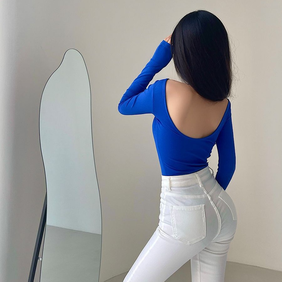 2023 Spring and Autumn New European and American Basic Slimming Backless Underwear Pure Color Round Neck Long Sleeve T-Shirt Top 