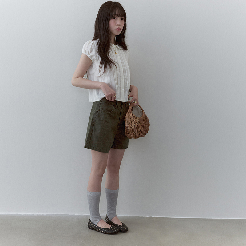 "Mustard Pie VOOE" women's short shirt with lace trim and puff sleeves, summer new pleated doll collar top in white