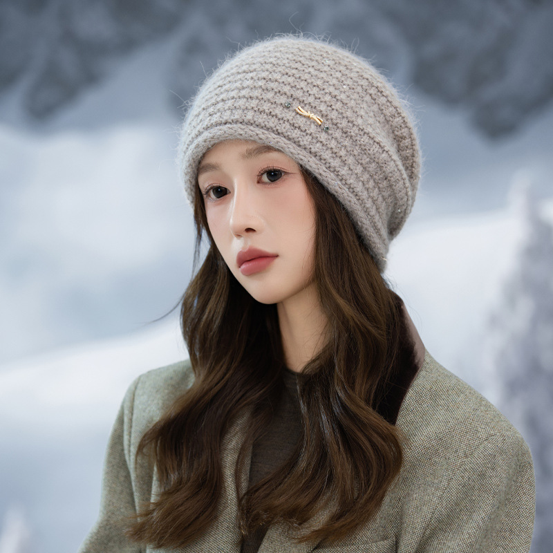 Korean Style Versatile Fleece Lined Plaid Sequin Slouchy Autumn Winter Artistic Retro Cold-Proof Warm Hat Outdoor Travel_voghion.com