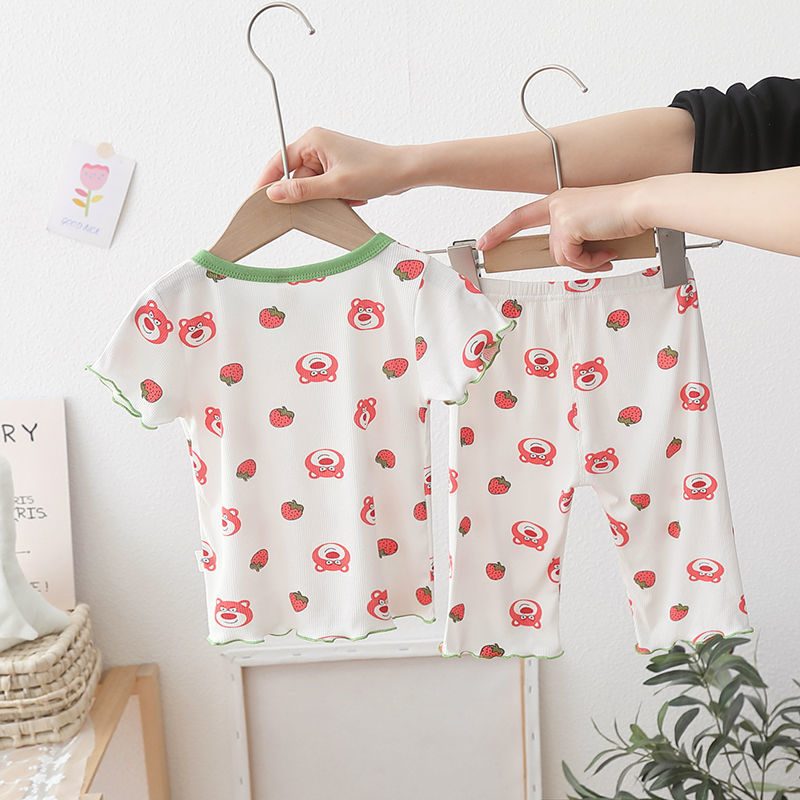 Las niñas de seda de hielo desgaste traje de estilo occidental verano nuevo estilo coreano bebé niñas hielo seda fresco pijamas desgaste del hogar conjunto