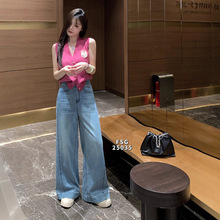 阔腿牛仔裤女春夏薄款新款宽松韩版拖地直筒裤复古高腰大牌设计感