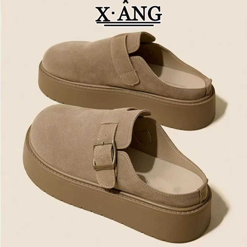 Кожаная версия обуви Birkenn для детей с толстой подошвой, половина тапочек, носить на улице весна и лето 2025 новая ленивая обувь