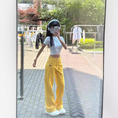 アメリカンハイストリートイエローストレートジーンズ女性用2025春秋新作ハイウエスト多用途ルーズワイドレッグフロアレングスパンツ
