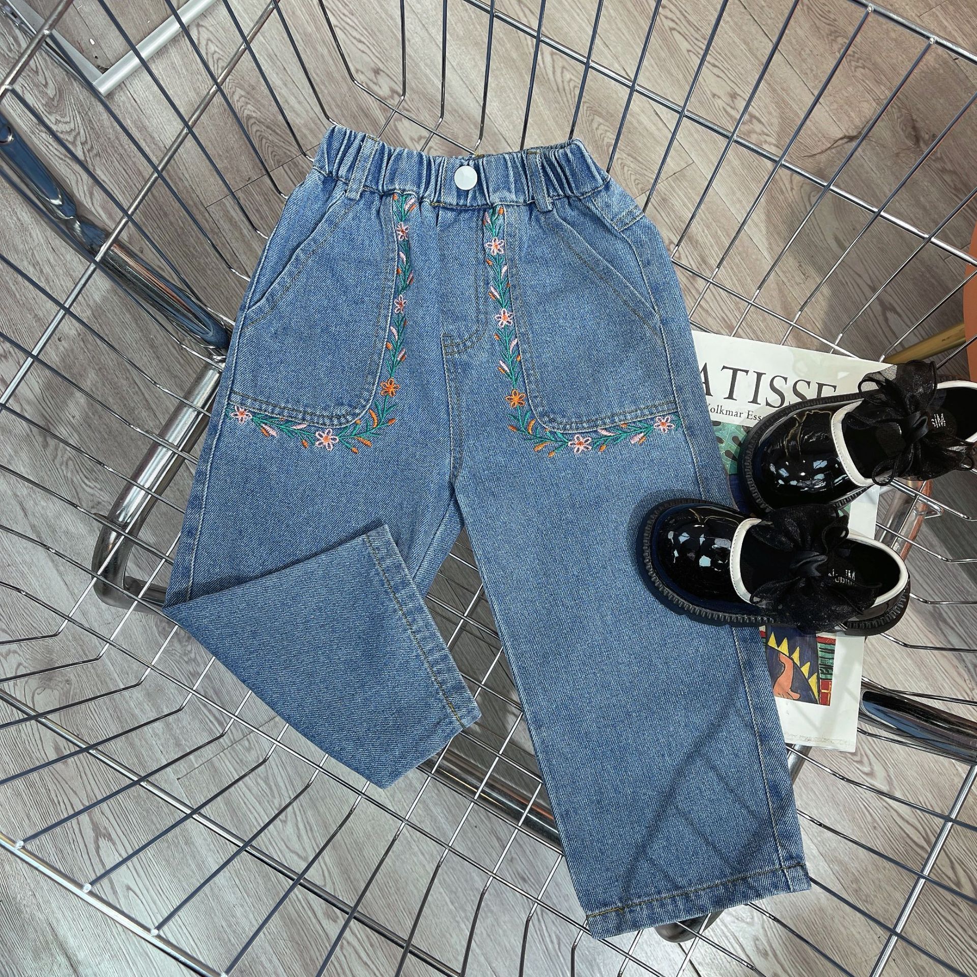 2024 Spring and Autumn New Korean style girls' embroidered slim fit baby micro elastic Denim trousers 51011