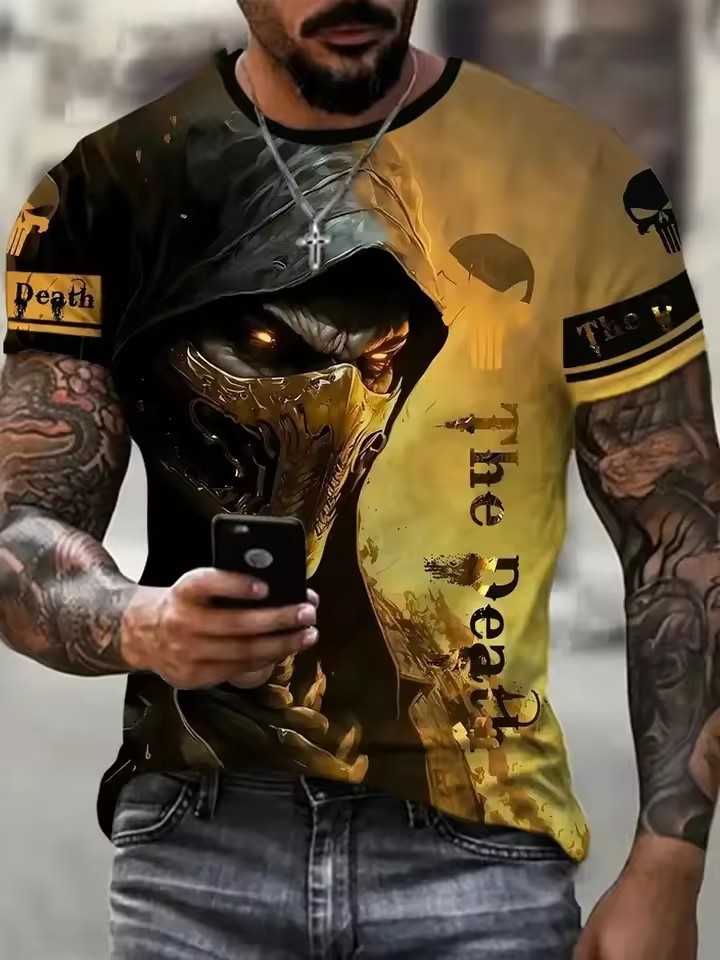 Thriller Hell Skeleton 3D Print Camiseta de cuello redondo de manga corta transpirable de malla suelta de verano para hombre