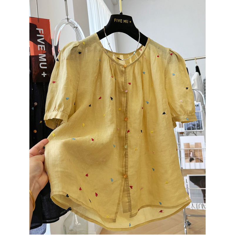 韓国の重工業刺繍小さなラブハートラウンドネック半袖シャツ女性の夏の気質シャツ超見栄えの良い薄いラミートップ|undefined