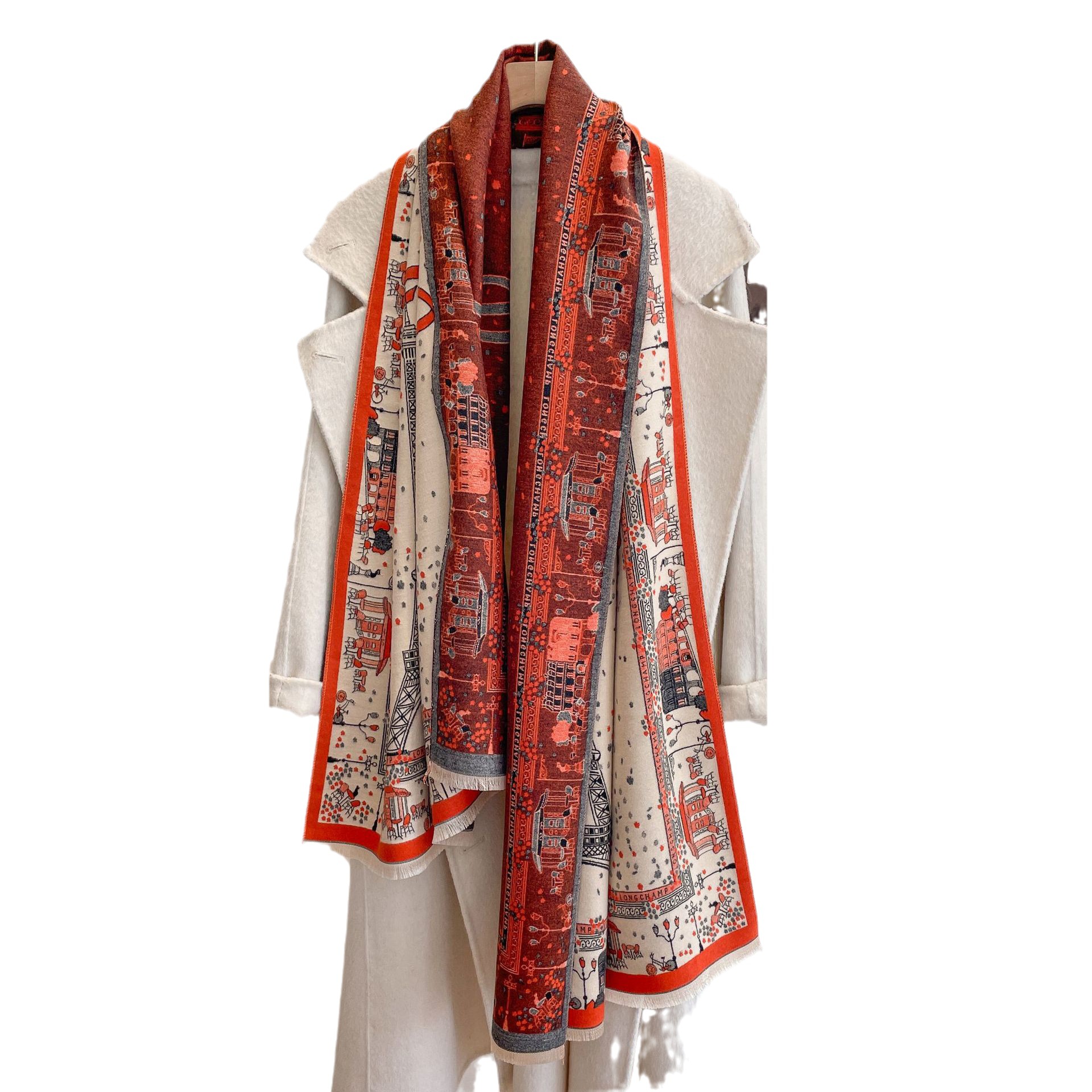 2023 Otoño e Invierno nueva moda torre de impresión borla caliente largo aire acondicionado chal de doble cara bufanda de Cachemira para las mujeres