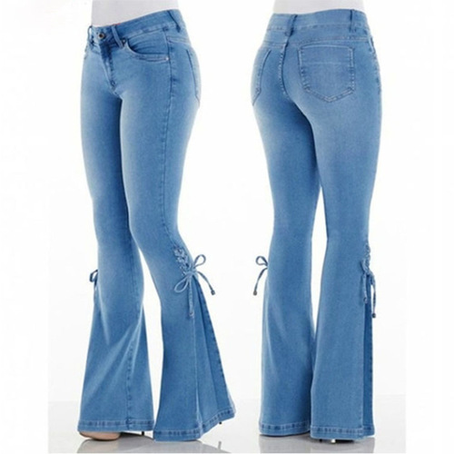 Stretch flared casual denim trousers, mid-waist, with tie closure and elastic waistband, flared denim long pants.