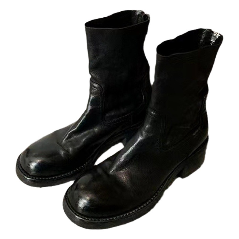 Botas estilo Martin para otoño e invierno, tacón grueso retro, cremallera trasera, 6 cm, botines cortos de piel de caballo texturizada lavada para mujer.