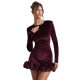 European and American style autumn and winter new pleated hem slim skirt temperament round neck long sleeve velvet stereo dress