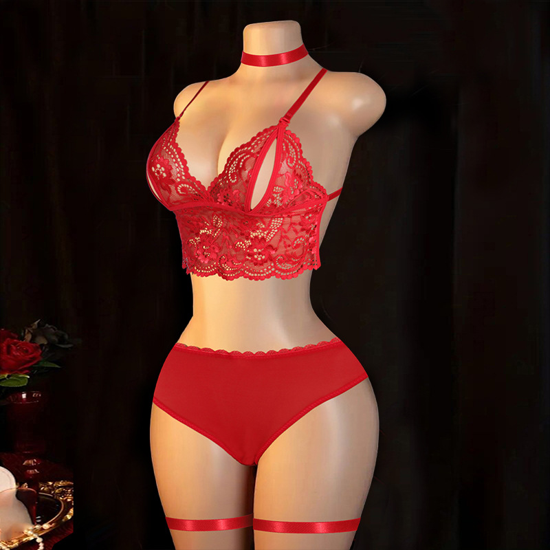 오픈 홀 브라 + 레이스 메쉬 브리프 + 레그 링 넥 링