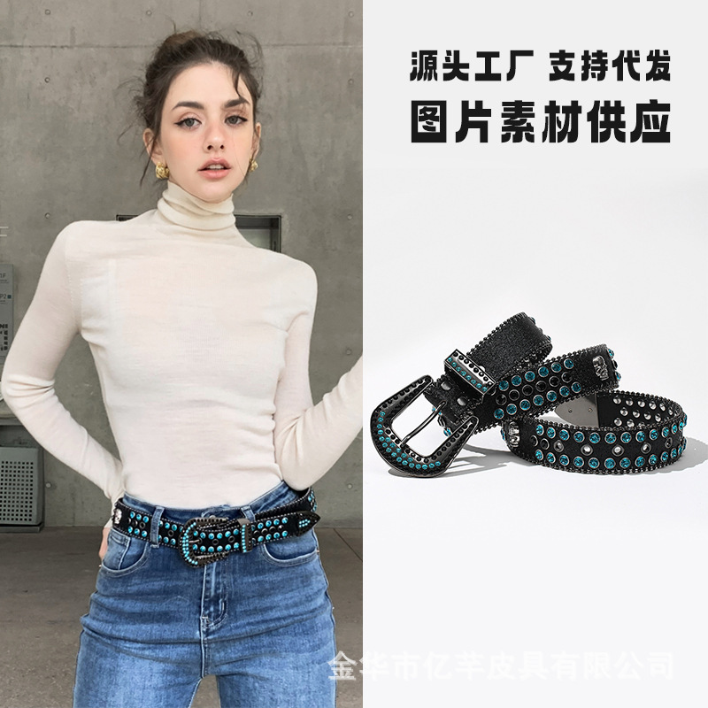 Bright Diamond Women's Belt European and American Street Cool Diamond Belt Punk Style Low Waist Jeans Accessories Belt Cross-Border Hot Sale