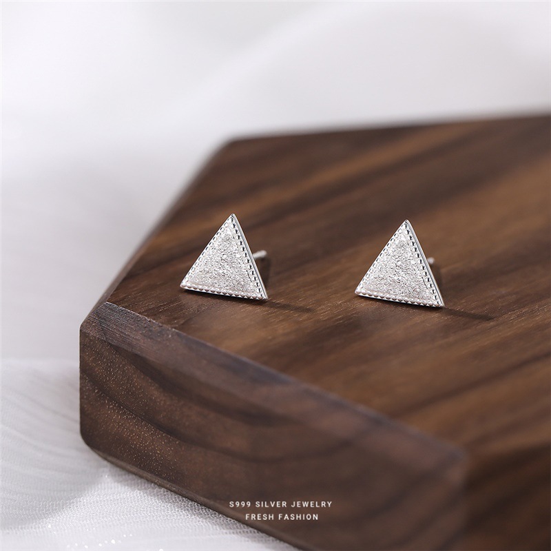 Orecchini a triangolo geometrico satinato in argento puro S999 per donna, semplici, spazzolati, versatili, piccoli e carini, coppia di orecchini con_voghion.com