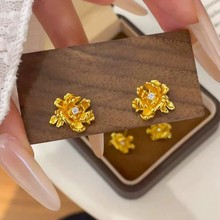 沙金饰品牡丹花耳钉女新款百搭高级感轻奢气质小众设计感潮流耳饰