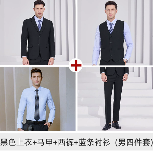 Black vest, trousers, shirt, set, 4 piece set