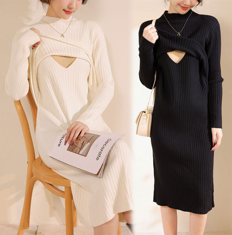 3509 breastfeeding dress autumn and winter hot mom postpartum thickened knitted bottoming slimming out nursing sweater dress